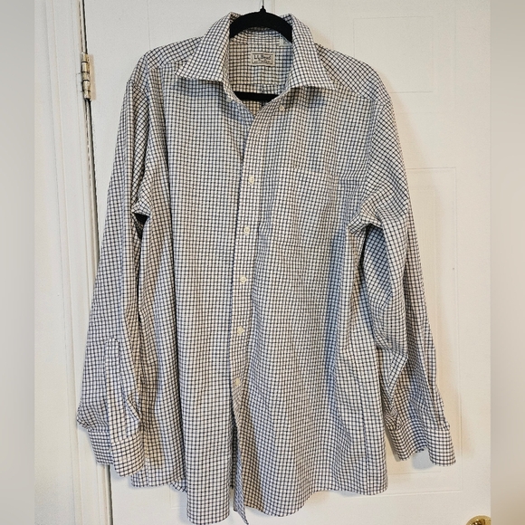 L.L. BEAN MENS Large BUTTON UP SHIRT white blue PLAID LONG SLEEVE COTTON - Picture 1 of 4
